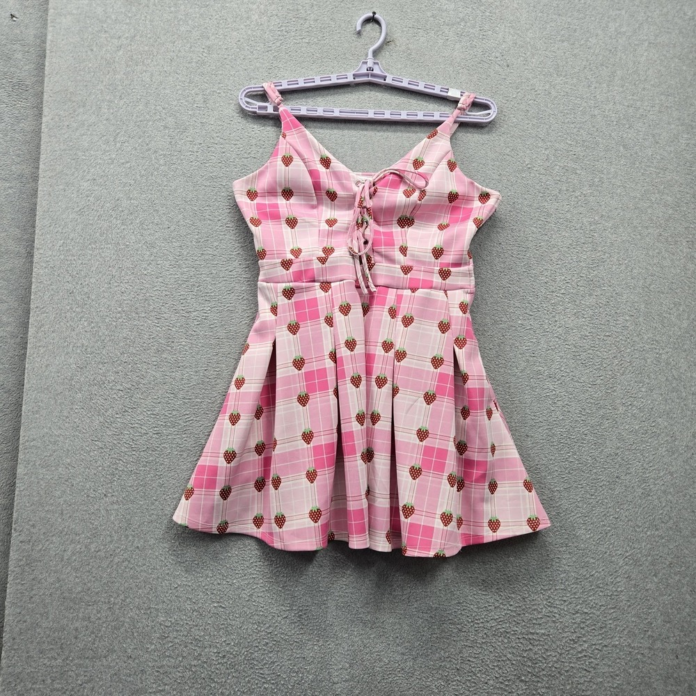 Hot Topic Women Dress L Pink Strawberry Plaid Lace Up Mini Fit & Flare V Neck